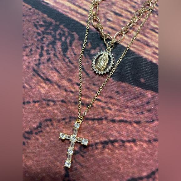 Double Layered Cross Virgin Mary Necklace - Picture 1 of 7